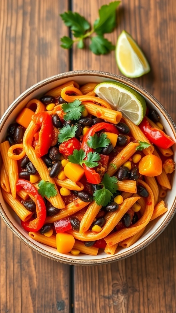 One Pot Southwest Vegetarian Pasta Recipe A hearty bowl of southwest vegetarian pasta with bell peppers, black beans, and corn, garnished with cilantro and lime.